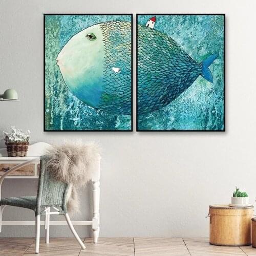 Abstract Big Green Fish Animals Canvas Painting Nordic Posters and Prints Wall Art Pictures Living Room Kids Home Decor Cuadros