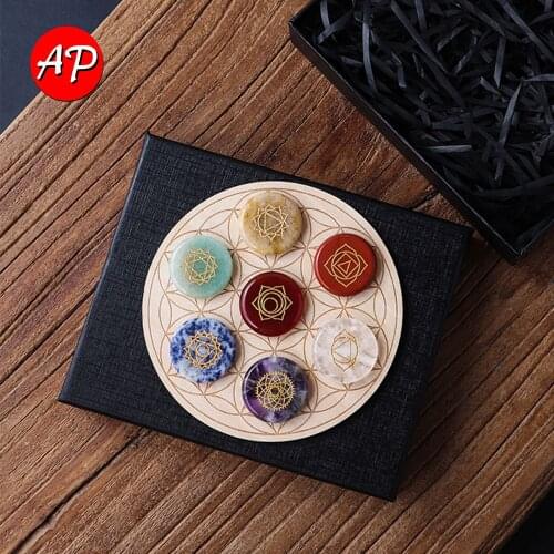 Natural Crystal Seven chakra Healing Stone Carved Round Crystal Quartz Flower Of life Wooden Plate Mineral Specimen Reiki Decor