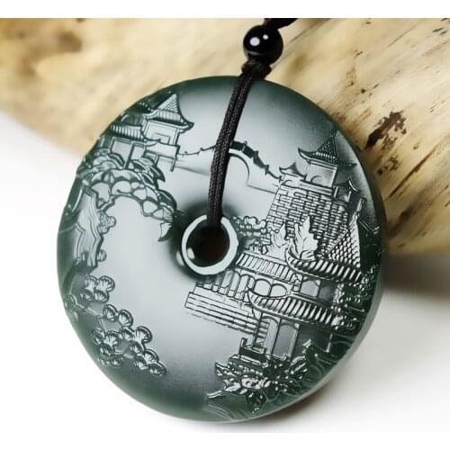 Natural A hetian round jade landscape handcarved black jade green jade pendant jade necklace unique jadeite jade jewelry