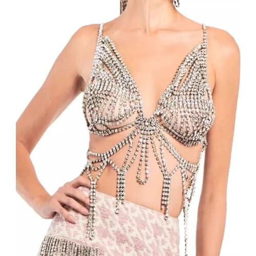 Wholesale Gold Sexy Body Chains for Women Harness Bra Tassel Bling Crystal Rhinestone Bikini Thong Set Top Jewelry Party