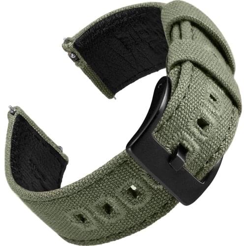 EACHE Fabric Canvas+Genuine Leather Watch Straps With Quick Release Spring Bar Green Sailcloth Band