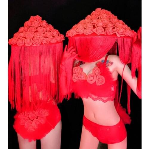 Sexy Rose Bikini Adult Dance Costume Clothing Red Fringe Hat Nightclub Stage Dance Wear Women Party Performance DJ Outfit Rave
