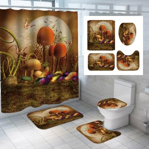 Animal Artist Waterproof Shower Curtain Bath Mat Pedestal Rug Lid Toilet Cover Bathroom 4PCS/ Set