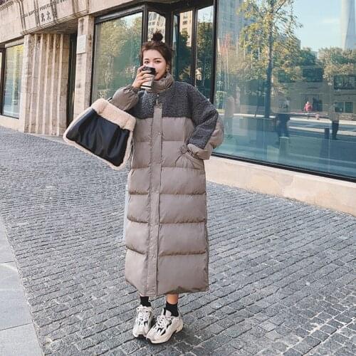 Fad Winter Female Jacket Lamb Wool Splice Zipper Long Parkas Coat Vogue Thick Warm Loose Casual Oversized Roupas Femeninas