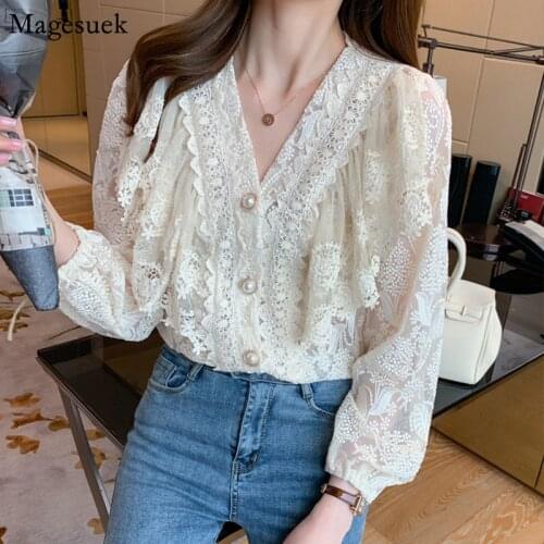 Office Lady Solid Lace Womens Shirts V Neck Long Sleeve Hollow Out Women Blouse 2021 Casual Chic Plus Size Blouses Tops 13430