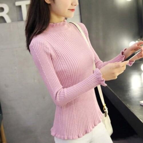 Core-spun Half High Neck Lace Sweater Women Autumn and Winter Style Fungus Side Lotus Leaf Collar Bottoming Pullover