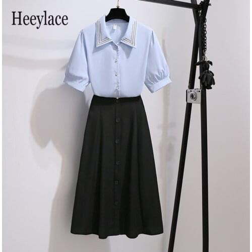 Office Ladies Elegant Two Pieces Set For Women Summer Shorts Sleeve Solid Blouse And Black A-line Skirts Sets Female Korean Suit