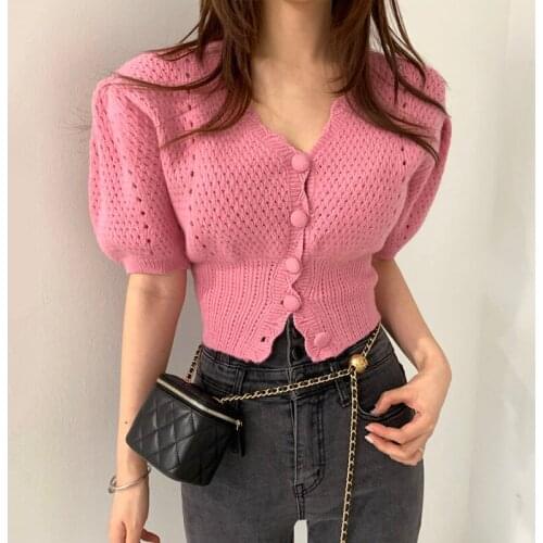 Elegant V-neck Hollow Out Summer Women Jacket Korea Chic Slim Single-breasted Short Bubble Sleeve Tops Feamle Sweaters Coat