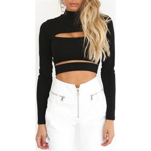 New Women Sexy Special Black Crop Tops Fashion 2018 Ladies Long Sleeve Hollow Out Club Party Sweaters Autumn Winter Pullover Top