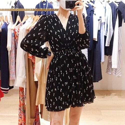 Womens black party dress with printed puff sleeves V-neck elegant mini long sleeve party dress for women