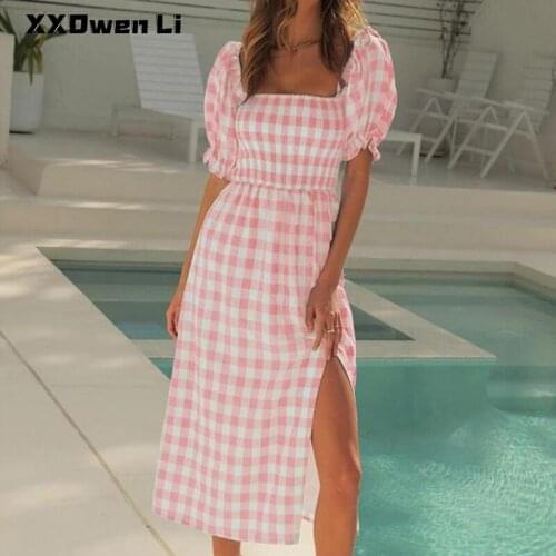 Summer Plaid Short Sleeve Square Collar Sexy Split Midi Dress For Women 2021 Puff Sleeve Casual Dress Woman Split Long Dresses