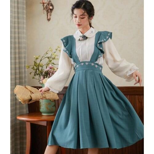 Forest Mori Girl Apring Two-piece Floral Embroidery Dress Cottage Fairy Women Pleated Strap Bow Tie Long Dress Vestidos Outfits