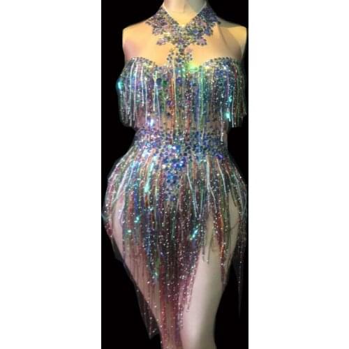 Colorful Fringes Rhinestones Bodysuit Women Stage Costume Sleeveless Jumpsuit Nightclub Female Dancer Singer Show Bright Leotard