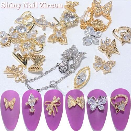 1Pcs Shiny Zircon 3D Nail Art Decorations Charm Crystal Alloy Pendant Chain Luxury Nail Jewelry Manicure Design Accessories