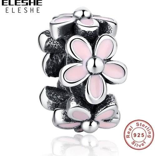 5PCS ELESHE S925 Sliver Pink Enamal Flower Bead Fit Original Bracelet & Necklace DIY Jewelry Making Trendy Women