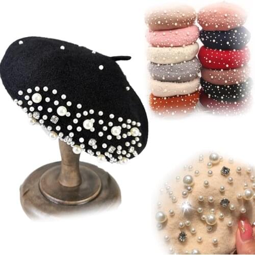 Women Rhinestone Pearls Beads Wool Berets Female French Artist Wool Cap Winter Autumn Hat Solid Color Top Quality Lady Boina