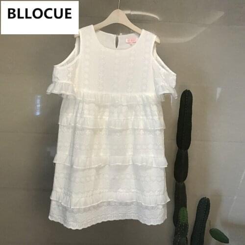 BLLOCUE Summer Korean Loose Round Neck Ruffles Layers Cake Dress Women Floral Embroidery Strapless Lace A-Line Dresses Vestidos