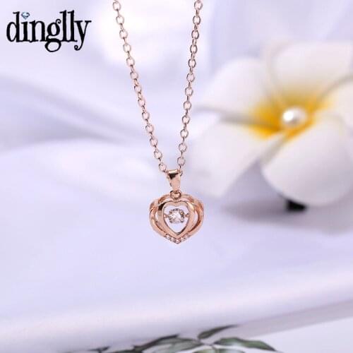 Dinglly Shaking Crystal Heart Pendant Necklace For Women Girl Zircon Dangle Charm Stainless Steel Necklace Collar