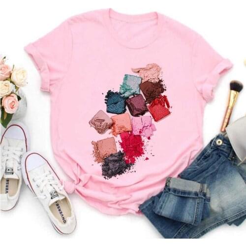 Colorful Foundation Makeup Print T-shirt Womens Summer Harajuku Fun Vogue Pattern Pink T Shirt Top Casual Short Sleeve Tshirt