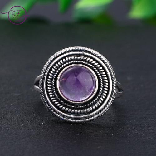 925 Sterling Silver Ring Round 8MM Natural Amethyst Rings for Women Vintage Simple Fine Jewelry Gift Finger Ring