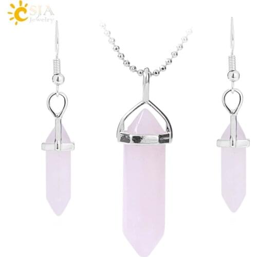 CSJA Women Natural Stone Jewelry Set Bohemia Pendant Necklace Drop Earrings Birthday Party Hexagon Bullet Crystal Jewellery E384