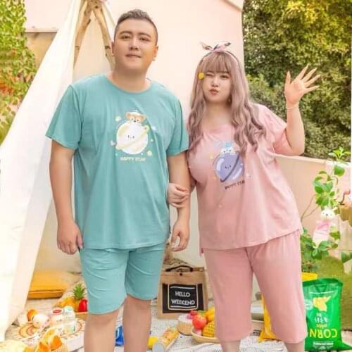 Summer couple pajamas cartoon plus size short-sleeved shorts loose pajamas fat mm men and women home service 100 kg suit