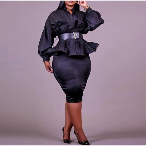 RMSFE 2021 Womens Long Sleeved Stand Collar Fashion Casual Top Irregular Waist Folding Lower Skirt Wrap Hip Large Dress Set