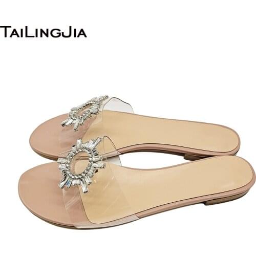 Transparent Clear PVC Flat Sandals 2021 Crystal Summer Shoes Ladies Large Size Round Toe Mules Flats Casual Slippers