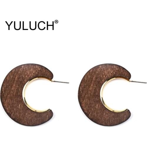 YULUCH Ethnic African Gold Metal Big Stud Earrings For Party Pop Women Brown Red Wood Moon Pattern Stud Earrings Fashion Jewelry
