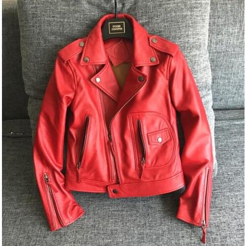 Factory 2017 New Womens Real Natural Sheep Skin Genuine Leather Jacket Fashion Red/Black Slim Short Ladies Biker Jackets