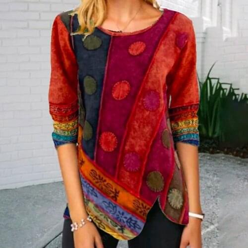 Womens Clothes 2021 Spring And Autumn New Fashion Vintage Printed Irregular Long Sleeve Casual Loose Plus Size T-shirt