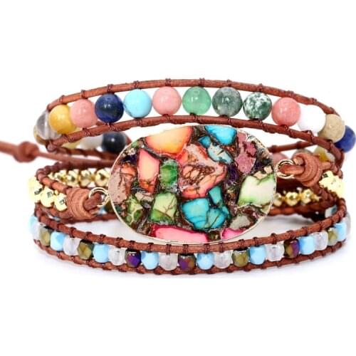 2020 Boho Women Wrap Bracelets For Natural Stone Rhinestone 3 Layers Leather Cuff Charms Bracelet Femme Bracelets Gifts