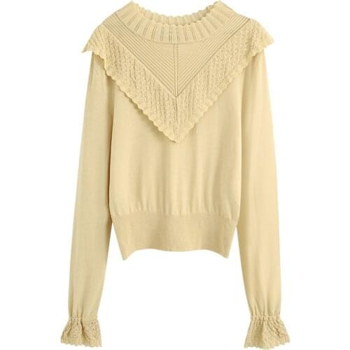 Sweater Laminated Decorative Sweater 2021 Autumn and Winter Women New Style Stand-Up Collar Long-Sleeved Stitching Cuff