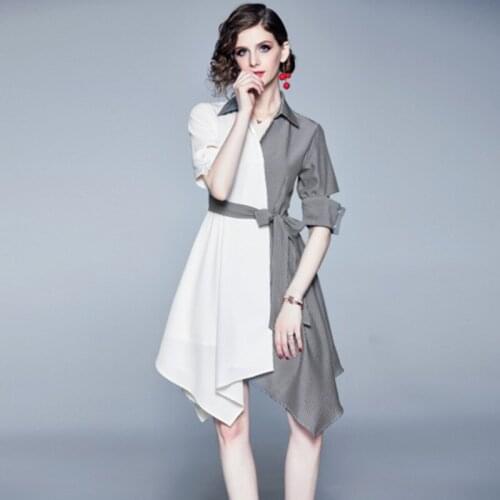 Fashion Designer Runway Shirt Dress 2019 Summer Women Half Sleeve Striped Irregular Vintage Midi Dress