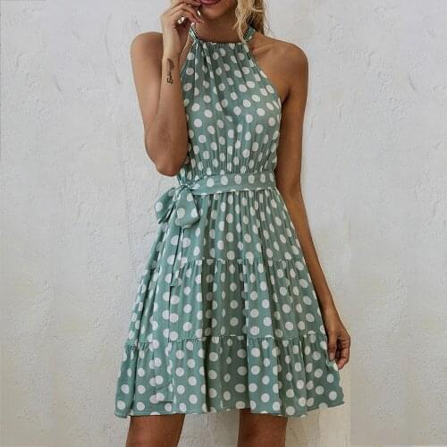 Print Polka Dot Dress Sexy Halter Party Mini Dresses For Woman Fashion Belt Vest Dress Robe Femme 2021 Elegant Ladies Clothes