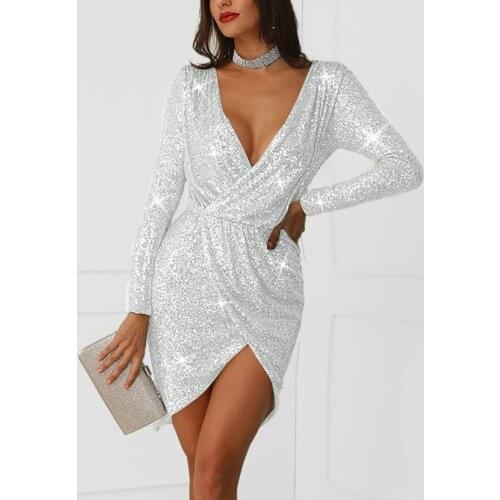 Sexy Fashion Women V Neck Glitter Sequin Evening Club Dress Bodycon Elegant Ladies Long Sleeve Party Slim Dress