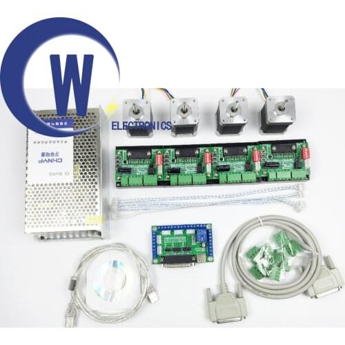 CNC mach3 USB 4 Axis Kit, 1pcs 5Axis Interface Board+4pcs Stepper Motor Driver+4pcs Nema17 0.48Nm Stepper Motor+1pcs 240W Power