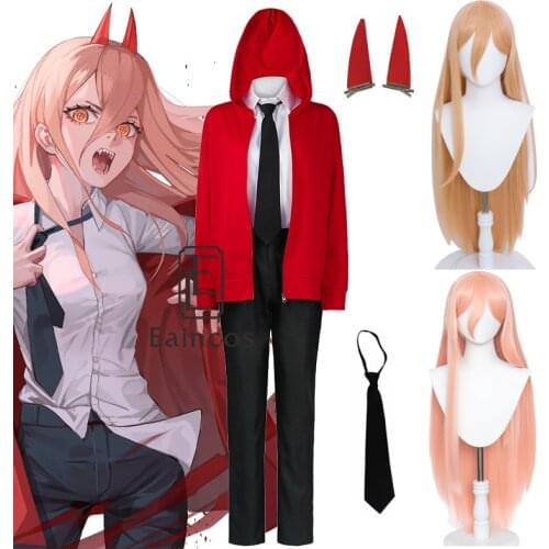 Anime Chainsaw Man Power Cosplay Costume Red Coat Devil Horns Chainsawman Wig Outfit Halloween Party Girls Women Uniform