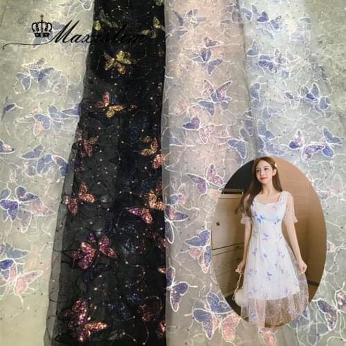 Butterfly Sequins Fabric Embroidered Lace Tulle Fabrics Sewing Childrens Clothing Gauze Skirt Pink White Beige Black 5Yards/Lot