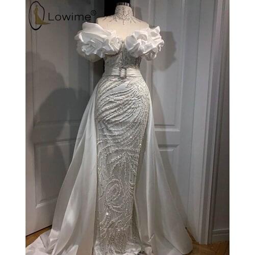 Dubai Sparkly Mermaid Evening Dresses with Detachable Train Beads Sequined Pleat Arabic Formal Evening Gowns