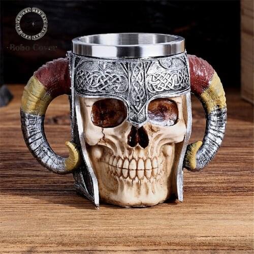 Double Stainless Steel Skull Beer Mug Vikings Pirate Tankard Water Cup Ram Horned Warrior Metal Bar Drinking Ornaments Male Gift