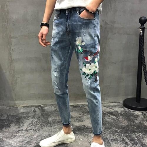 Heavy industry embroidery jeans mens brand Korean Slim ripped hole social guy feet ankle length pants printed teenagers jeans