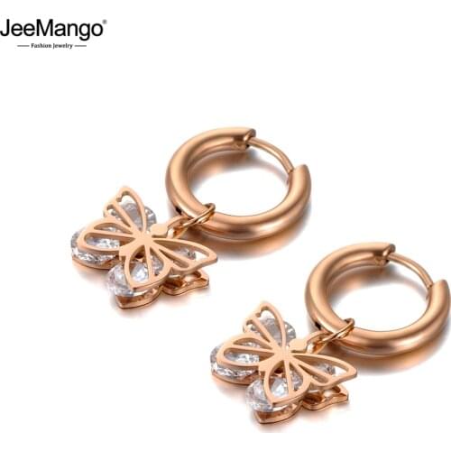 JeeMango Original Design CZ Crystal Butterfly Hoop Earrings Stainless Steel Trendy Animal Earrings For Women Girls JE20127