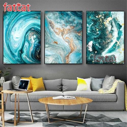 FATCAT Abstract blue lines landscape 5d diy diamond painting full square round rhinestone embroidery triptych home decor AE1925
