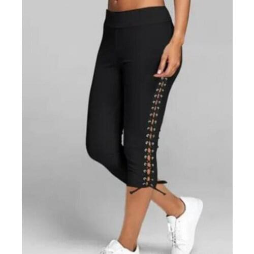 4 Colors Summer Women Leggings Simple Ladies Side Lace Up Hollow Out Slim High Waist Pants Bottoms Sports Pants Tight