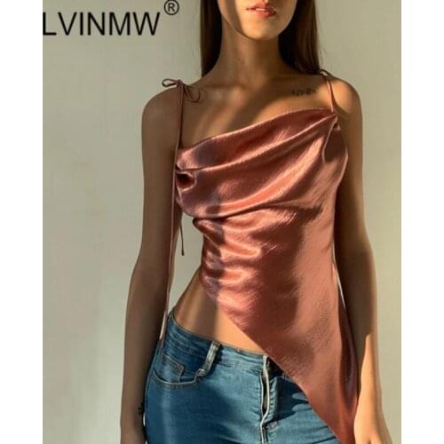 LVINMW Sexy Sleeveless Backless Spaghetti Straps Satin Lace Up Crop Top Woman Solid Smooth Soft Camis Tops For Women Club Party