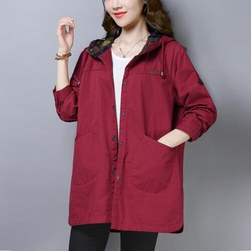Autumn Loose Solid Female Cotton Coat 2020 Fashion Long sleeve Hooded Trench Coat Plus size 3XL Women Pocket Casual Windbreaker