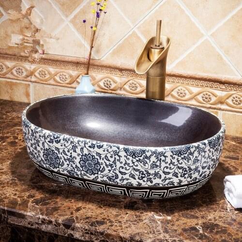 Oval Handmade Primitive Style Stone Like Porcelain Countertop Lavabo Bathroom Sink Wash Basin deep basin sink