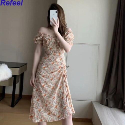 Dresses For Women Summer Square Collar Ruffle Dress Sweet Orange Floral Print Puff Short Sleeve Holiday Long Dresses Women