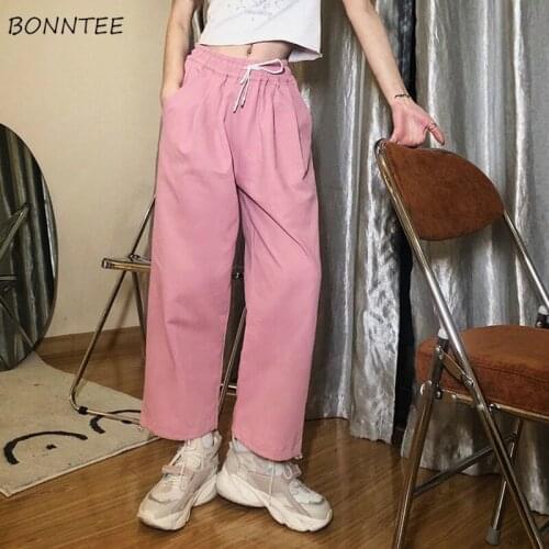 Casual Pants Women Lovely College BF High Waist Trendy Teens Wide Leg Trousers All-match Simple Drawstring Baggy Full Length New